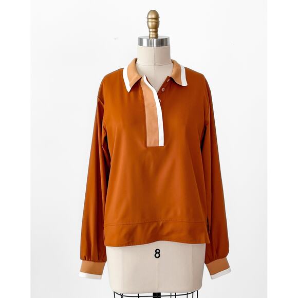 A. Putnam Long Sleeve Polo Golf Shirt in Terra Orange Brown Stripe Trim M - Picture 2 of 14